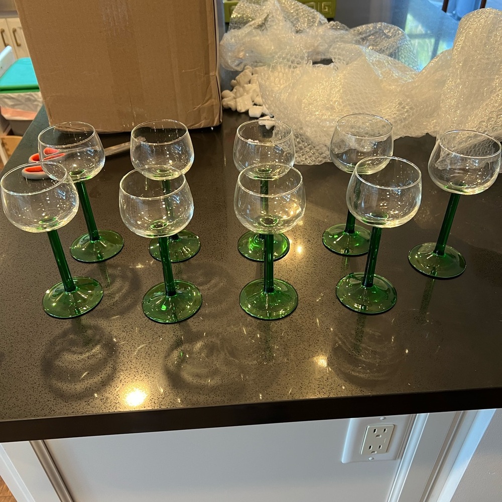 Set of 10 Green Stem Wine Glasses